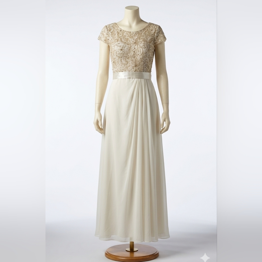 Embroidered Lace-Top Maxi Dress in Ivory with Satin Waistband